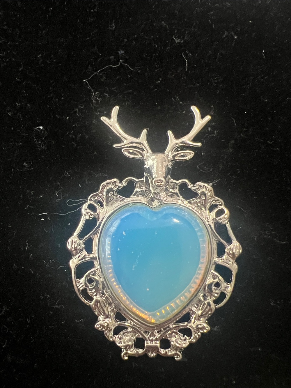 Heart Opal Glass Pendant Necklace in Blue with Deer Motif